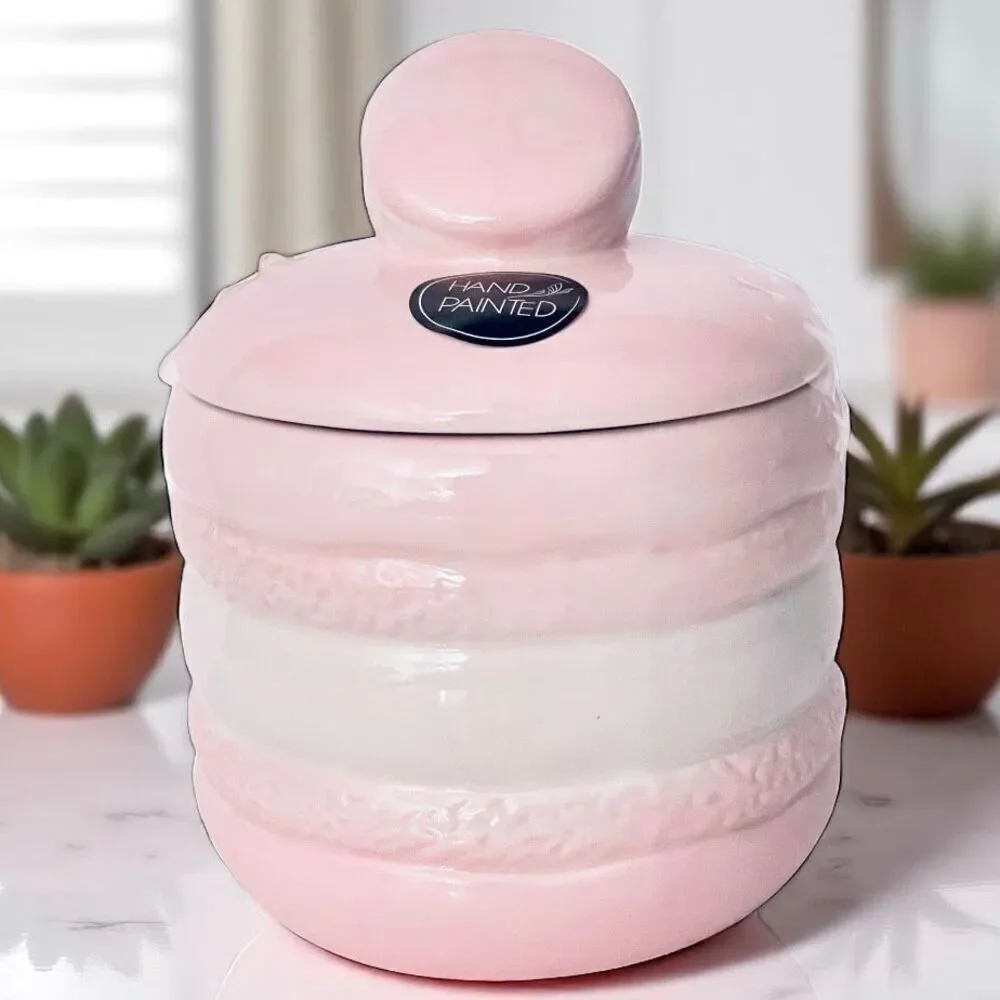 NWT LUNA & SAGE Gorgeous Macaron Pink White Glossy Ceramic 7”Canister Jar w Lid
